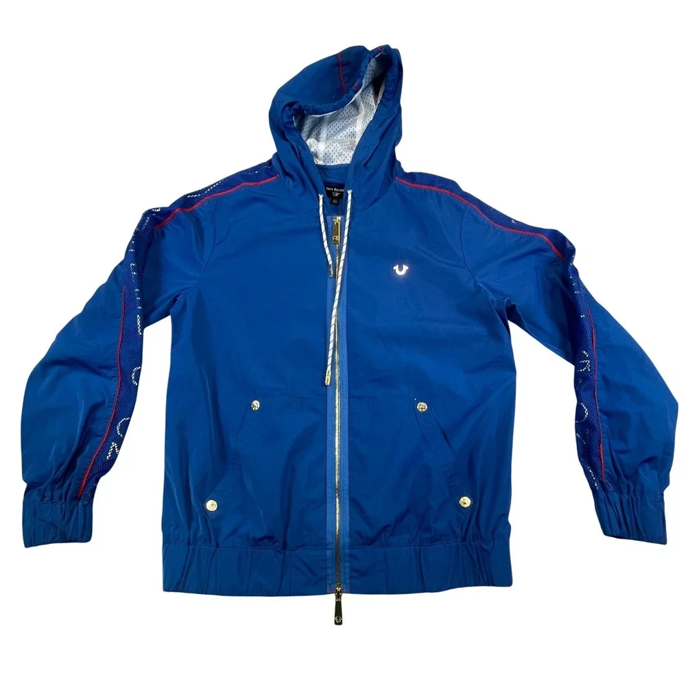 True Religion Mens Editorial Jkt Blue Mesh Sleeve Full Zip Windbreaker Small